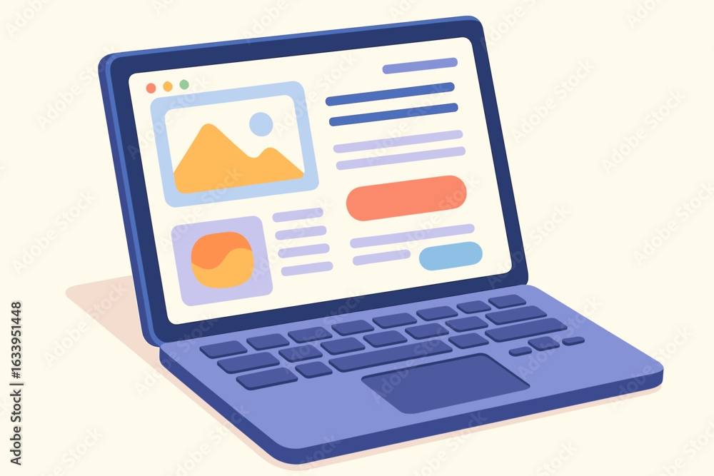 Poster modern laptop computer with abstract web design interface, 3d vector illustration, user interface da