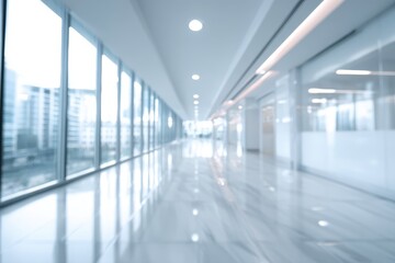 Obraz premium Blurred modern office hallway with city views