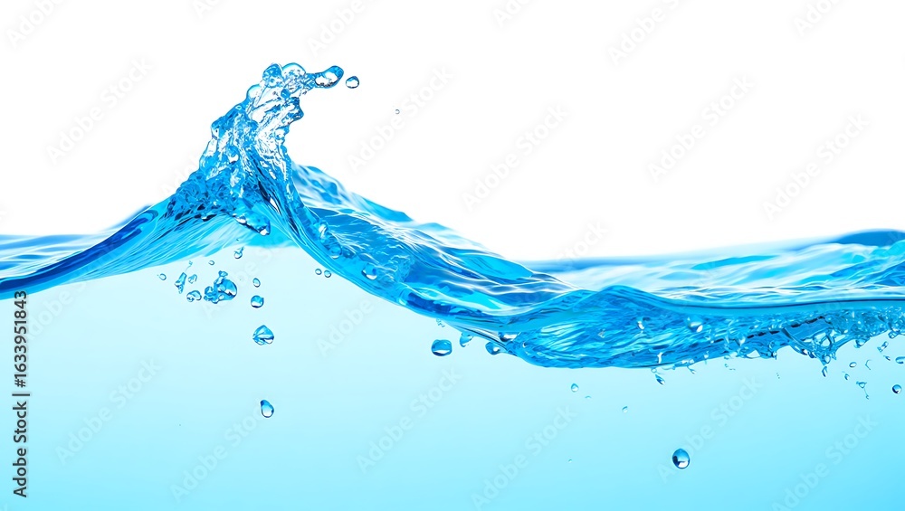 Poster dynamic blue water wave cresting with splashes on a pure white background for refreshing visuals