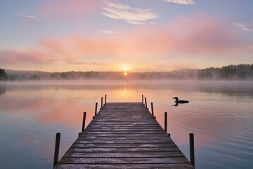 Calm sunrise over a peaceful lake with a wooden pier reflecting on the water