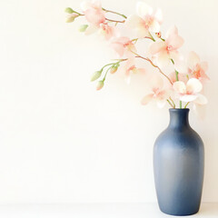 Sleek black vase with white orchid flowers, minimalist style, soft light, elegant decor