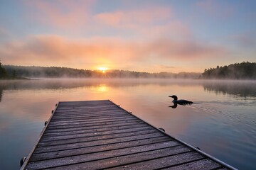 Calm sunrise over a peaceful lake with a wooden pier reflecting on the water