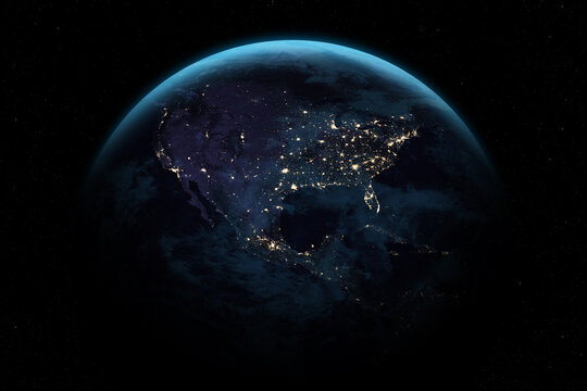 Earth planet in outer space. North and Central America at night viewed from space with city lights. Canada, United States, Mexico from space, high resolution image. Nightly Earth. 