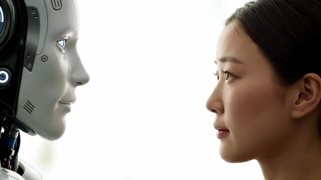 A futuristic concept of a woman and a humanoid robot face to face