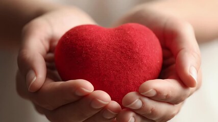 Close-up of hands gently holding a soft red heart symbolizing love care compassion health and generosity Ideal for Valentines Day charity or wellness content