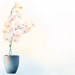 Sleek black vase with white orchid flowers, minimal style, soft light, elegant decor