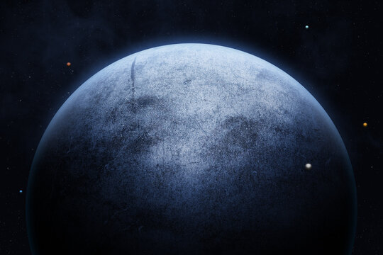 Icy alien planet with five moons in space. Mysterious alien ice planet with multiple moons. Unknown frozen exoplanet with five orbiting satellites. Ice world.