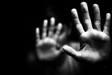 A person holds up both hands in front of their face, suggesting fear, defense, or a desire for protection, with dramatic lighting and a dark background