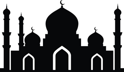 Islamic mosque silhouette with large central dome, tall minarets, crescent moon symbols, black and white vector for religious theme