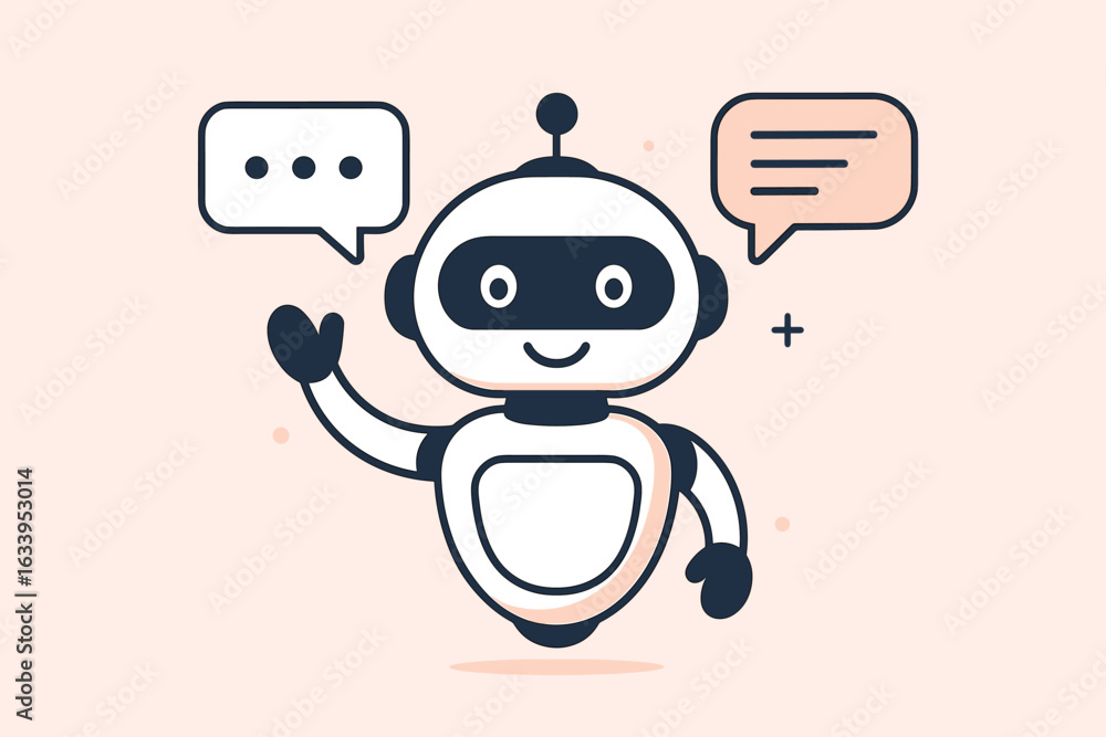 Poster friendly ai chatbot vector illustration, robot character communicating with speech bubbles, conversa