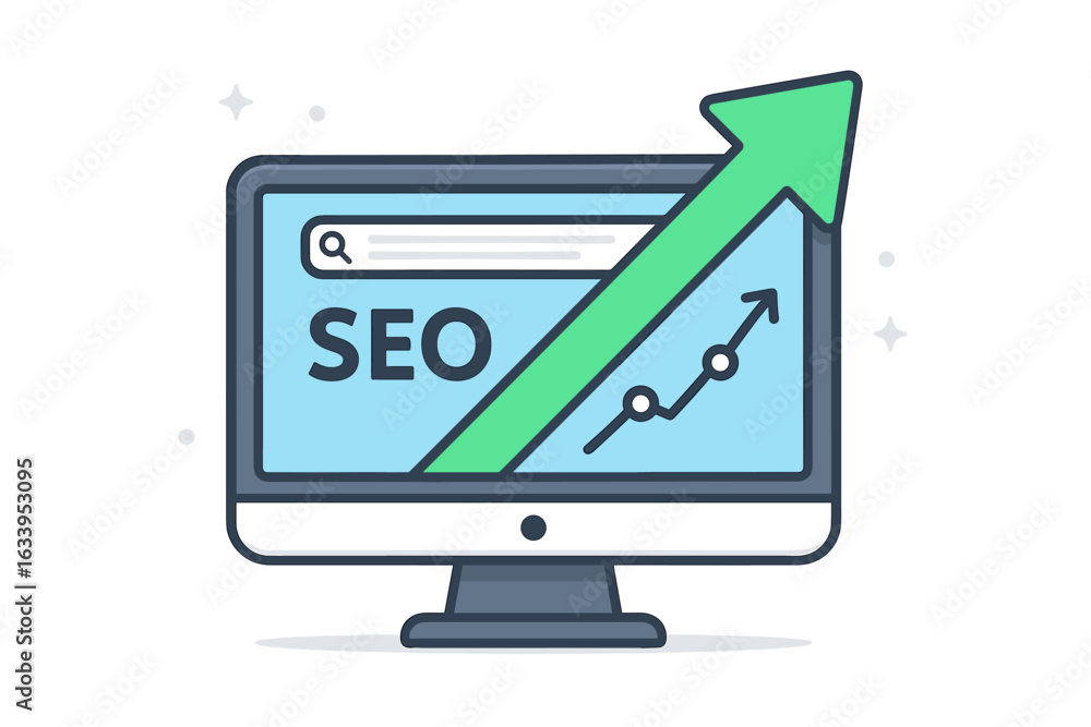 Poster seo optimization growth vector illustration. computer monitor with search engine, analytics graph, r