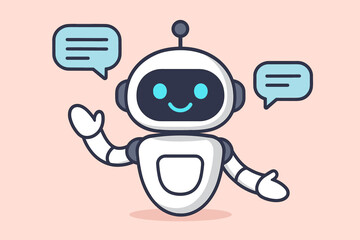 Friendly chatbot AI robot character vector illustration. Cute artificial intelligence assistant with speech bubbles in modern flat cartoon style. Customer support bot mascot on light pink background.