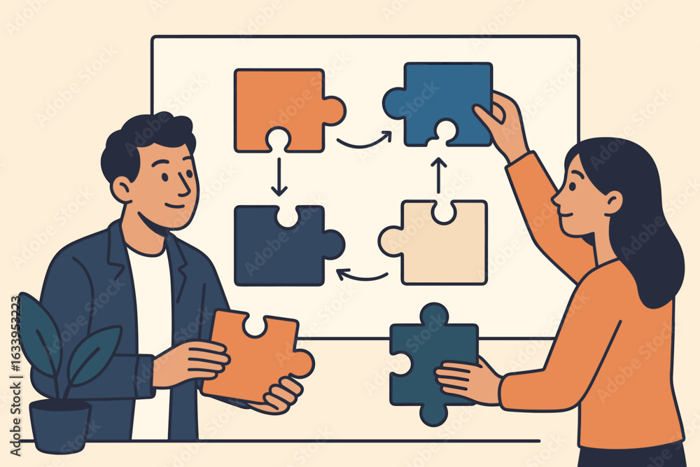 Poster Teamwork collaboration problem solving business concept. Two colleagues assembling logic jigsaw puzzle solution. Partnership process. Strategy planning method. Office discussion. Workflow connection.