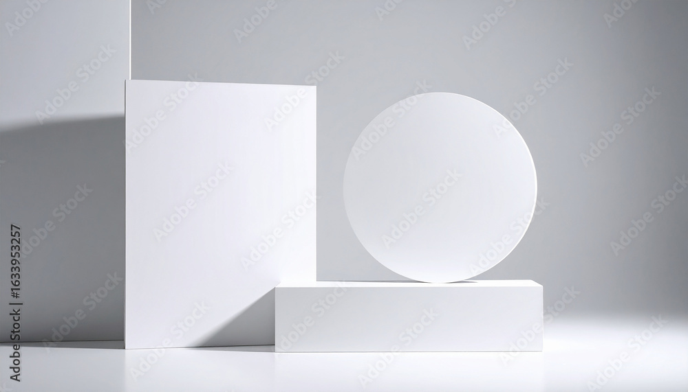 Poster geometric abstraction: a minimalist composition of stark white geometric shapes, including a cube, a