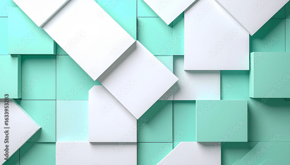 Poster geometric abstraction: an eye-level shot captures a clean, modern design of cubes, casting subtle sh