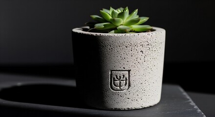 The Artisan's Touch: A photorealistic image centered on a hand-crafted concrete pot with a subtle, debossed maker's mark revealed by moody side lighting.