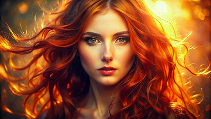 Fototapeta premium Captivating portrait of a striking woman with fiery red hair illuminated by golden light
