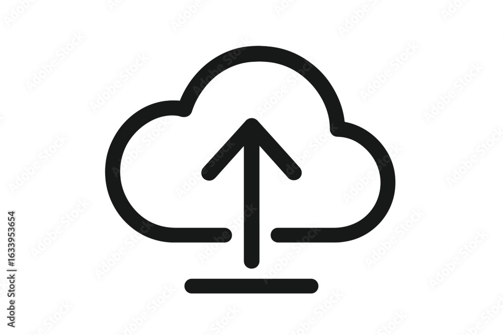 Poster cloud upload icon vector, black outline cloud with upward arrow, isolated transparent background, cl