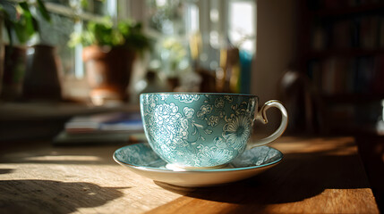 Teal Patterned Teacup on Wooden Desk in Sunlight