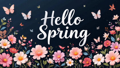 Hello spring text vector background design. Spring greeting typography with fresh bloom flowers and butterfly elements in empty space for holiday season celebration. Vector Illustration.
