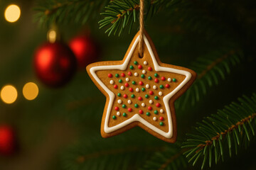 Close up of gingerbread star cookie with white icing and colorful sprinkles hanging Christmas tree with soft red baubles and blurred lights