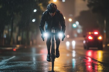 Cyclist riding at night in the rain with bike lights and helmet