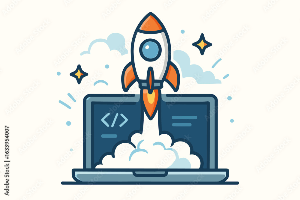 Poster rocket startup launches from laptop with coding screen, symbolizing rapid software development, fast