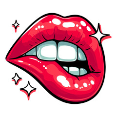 Red glossy woman lips with shiny reflections and white teeth. Pop art style. Mouth biting lip. Beauty and passion concept. Vector illustration for design, t-shirt, print