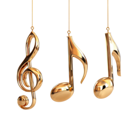 Set of golden musical symbols hanging on strings, isolated on transparent cutout background