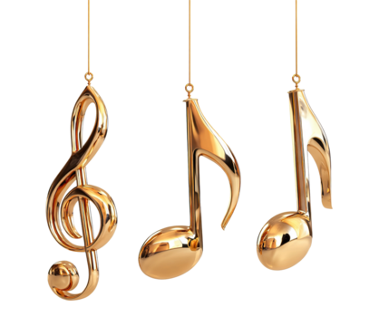 Set of golden musical symbols hanging on strings, isolated on transparent cutout background