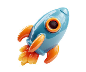 Colorful cartoon rocket with fire flames, isolated on transparent cutout background