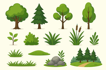 Cartoon forest landscape nature elements vector set. Collection of cartoon trees, pine, bush, grass, rocks, cattails, background, scene creator, foliage, greenery, park, woodland plants