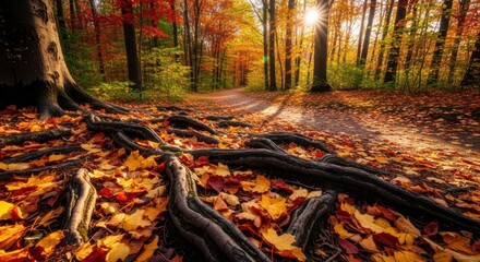 autumn forest path with sun rays and vibrant fall leaves