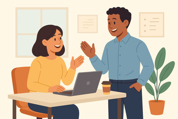 Professional teamwork office communication. Diverse colleagues collaboration. Coworkers brainstorming, discussing ideas, working laptop, coffee cup, office interior decor, modern business workplace