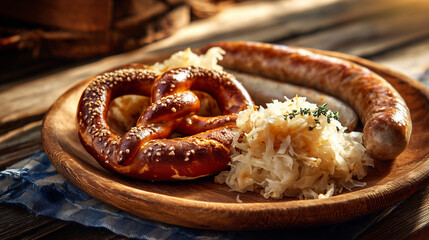 Pretzel, bratwurst, and sauerkraut on wooden plate during Oktoberfest meal