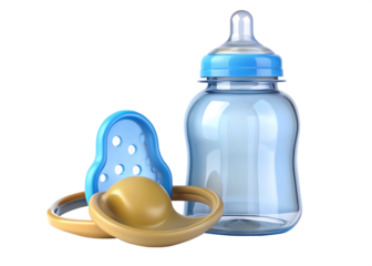 Blue baby bottle and pacifier isolated on a transparent background yellow