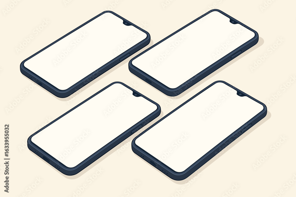 Fototapete isometric smartphone device set. four unbranded mobile phone screen mockups. blank white screens. mo