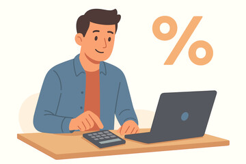 Financial Analyst Working with Laptop and Calculator, Calculating Interest Rates, Taxes, Savings, Investments, Income Planning, Percentage, Business Finance Concept, Flat Vector Illustration