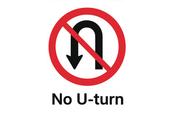 No U-turn prohibition traffic sign. Red circle with diagonal line over U-turn arrow. Road safety, transportation regulations, forbidden maneuver, caution driving symbol, vector isolated illustration.