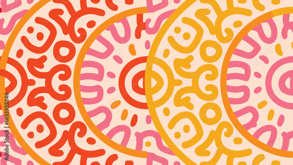 Poster overlapping circles with abstract patterns in orange, pink, and yellow create a vibrant design eleme
