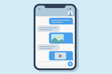 Smartphone texting and messaging interface. Mobile chat app screen with SMS, multimedia messages, images, videos, conversation bubbles. Digital communication illustration. Modern device. Vector art