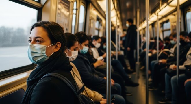woman wearing face mask inside public transport during daily commute - Powered by Adobe