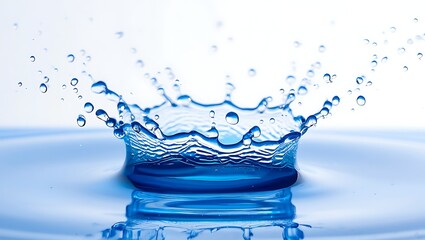 High Speed Photography Capturing Water Splash Creating a Crown Shape with Droplets and Reflections on Light Blue Surface against a White Background