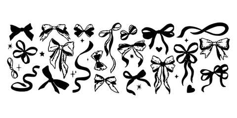 Ribbon bow icon set, vector coquettish cute knot, romantic love doodle vintage accessory collection. Holiday gift decoration silhouette, birthday elegant design element. Feminine Valentine ribbon bow