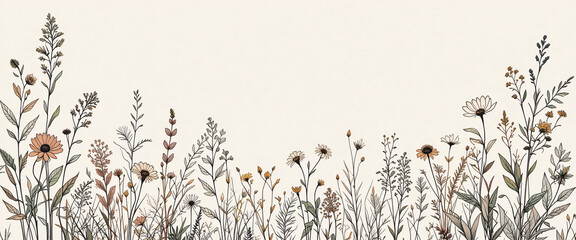 Luxury botanical background with trendy wildflowers and minimalist flowers for wall decoration or wedding. Hand drawn line herb, elegant leaves for invitation save the date card. Botanical rustic