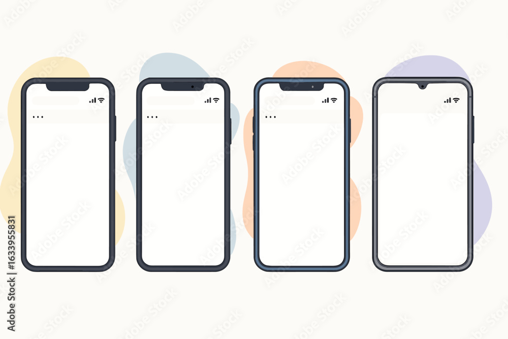 Poster modern smartphone mockup collection with blank mobile screens, abstract colorful blob backgrounds, m