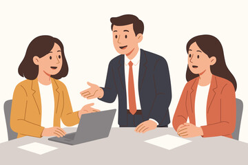 Office people talking and collaborating, group of three coworkers discussing work and business together, teamwork and employee communication concept, flat vector illustration