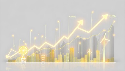 Abstract illustration showcasing a rising graph over a cityscape with wind turbines and power lines, symbolizing growth and energy.