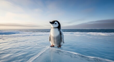 cute baby emperor penguin chick on ice with ocean in antarctica