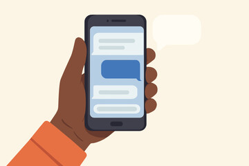 Fototapeta premium Hand with dark skin holding smartphone sending and receiving text messages. Mobile chat communication, instant messaging app, online conversation concept. Flat vector illustration isolated